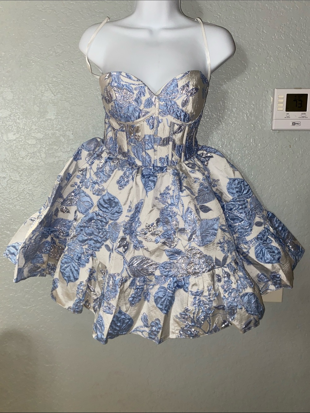 Ivory and Blue Floral Prom Dress with Corset Bodice 8